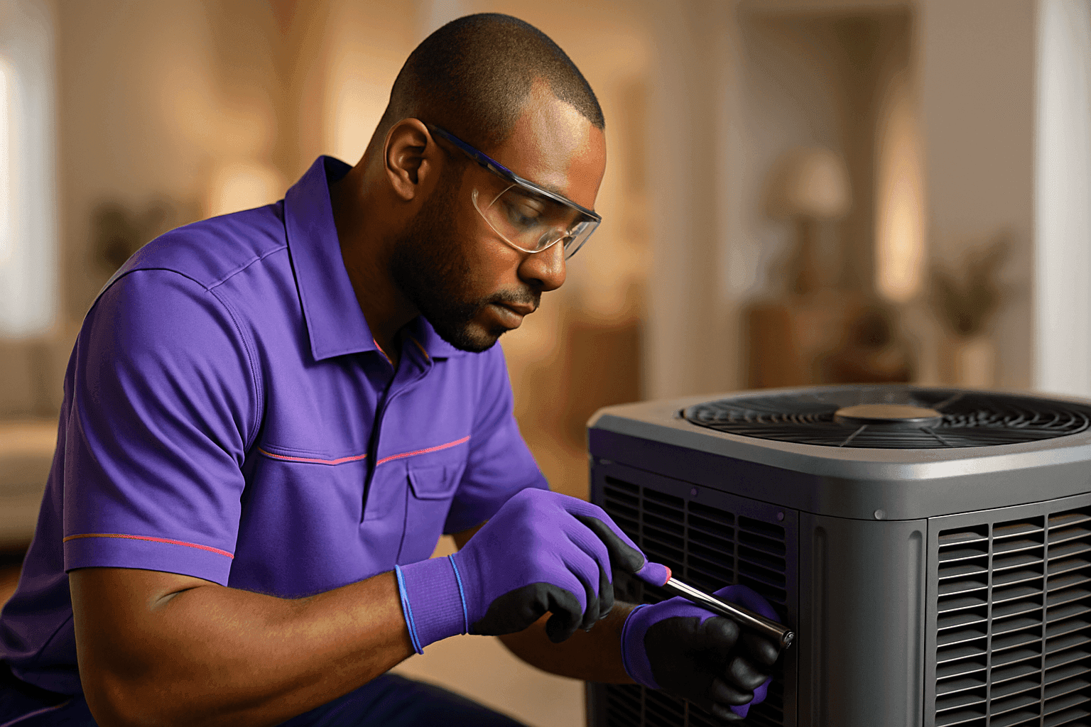 HVAC technician in purple uniform inspecting modern indoor HVAC unit in tidy home